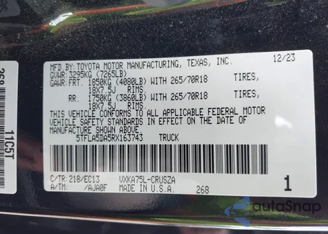 2024 Toyota Tundra Sr5 4Wd z USA, uszkodzony, nr VIN 5TFLA5DA5RX163743